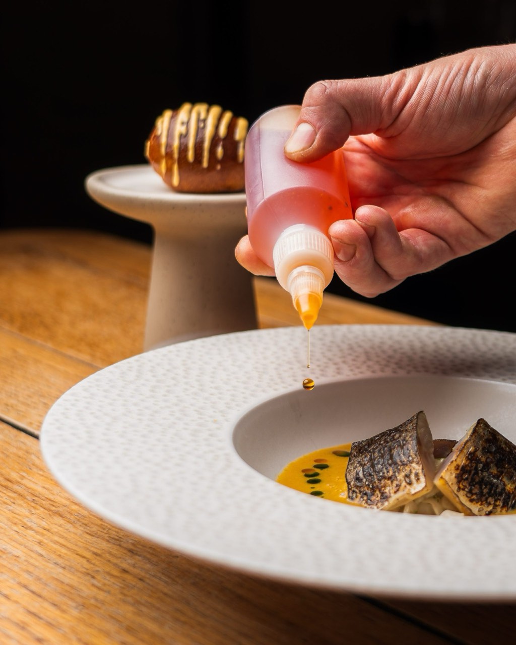 Lightly cured and torched mackerel with fennel salad, spiced fish soup and red pepper rouille