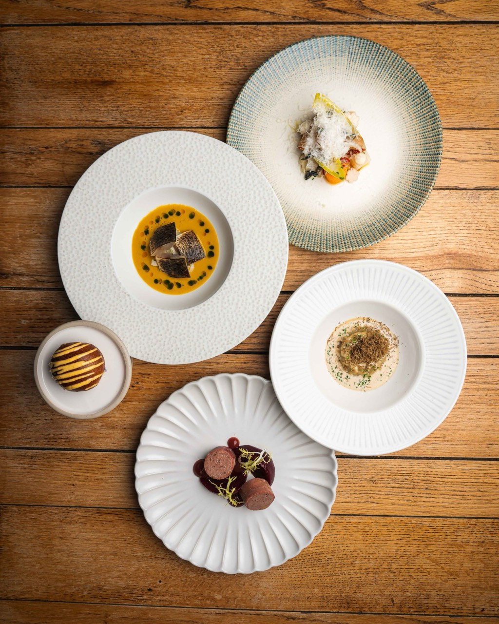 A plated seasonal starter from Sam Clover's kitchen at The Peacock Inn