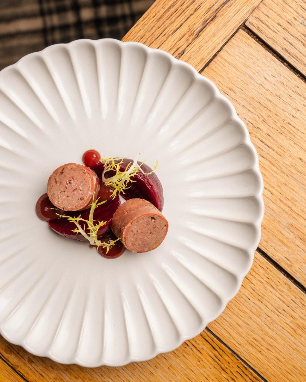 Wood pigeon paté with smoked bacon, celeriac remoulade and Cumberland sauce on stout and caraway rye bread